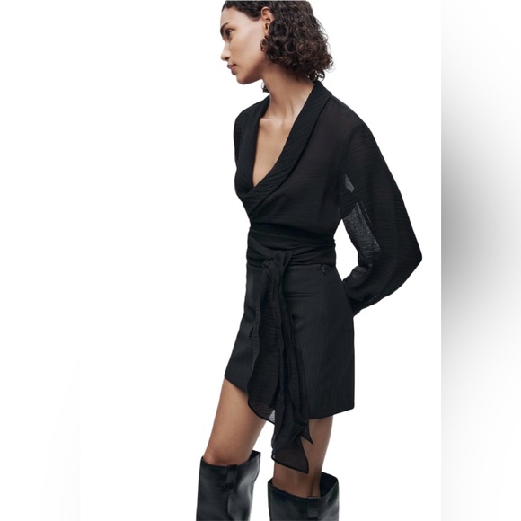 Zara NWT Small Structured Blouse Lantern Cuffed Sleeves Black Waist Tie - Picture 4 of 13